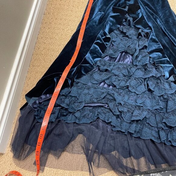 Vintage Gothic Victorian Inspired Velvet Ruffle Midi Dress Navy – XS - Picture 10 of 12